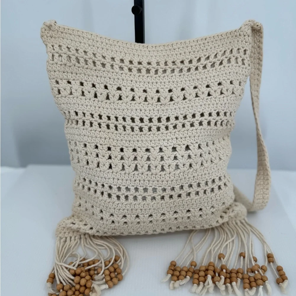 Unbranded Crocheted Crossbody with‎ Fringe and Wood Beads, Cream